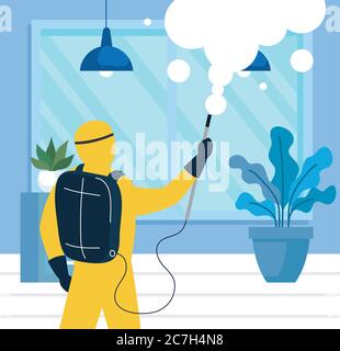 Heimdesinfektion durch gewerbliche Desinfektionsdienst, Desinfektionsmitarbeiter mit Schutzanzug und Spray verhindern covid 19 Stock Vektor