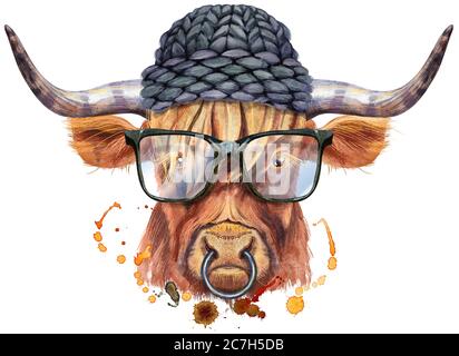 Bull Aquarell-Grafik mit Brille und schwarzem Hut. Bull Tier Illustration mit Splash Aquarell texturierten Hintergrund. Stockfoto