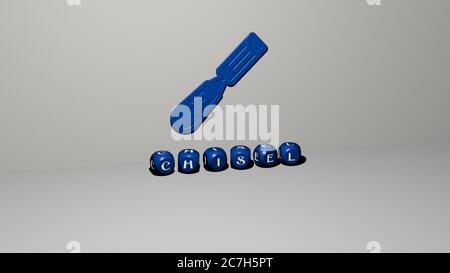 3D-Grafik-Bild von MEISSEL vertikal zusammen mit Text von metallischen kubischen Buchstaben aus der oberen Perspektive gebaut, hervorragend für das Konzept Präsentation und Diashows. Zimmermann und Zimmerei Stockfoto