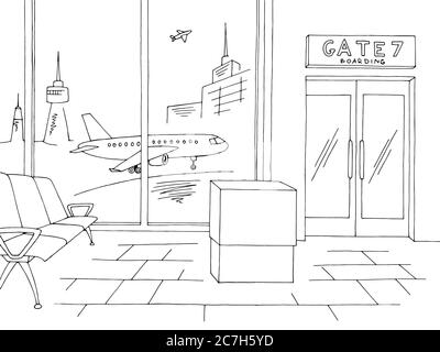 Flughafen Innenraum Boarding Gate Grafik schwarz weiß Skizze Illustration Vektor Stock Vektor