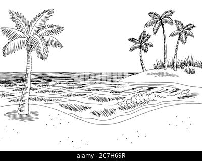 Meer Küste Grafik Strand schwarz weiß Landschaft Skizze Illustration Vektor Stock Vektor