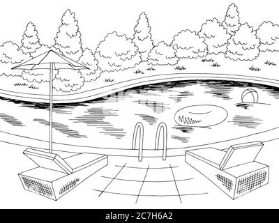 Schwimmbad Grafik schwarz weiß Landschaft Skizze Illustration Vektor Stock Vektor