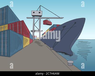 Port laden trocken Frachtschiff Grafik Farbe Meer Landschaft Skizze Illustration Vektor Stock Vektor