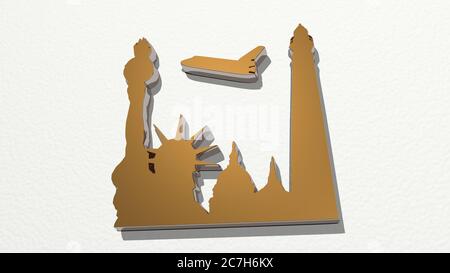 New York aus einer Perspektive an der Wand. Eine dicke Skulptur aus metallischen Materialien von 3D-Rendering. Hintergrund und Illustration Stockfoto