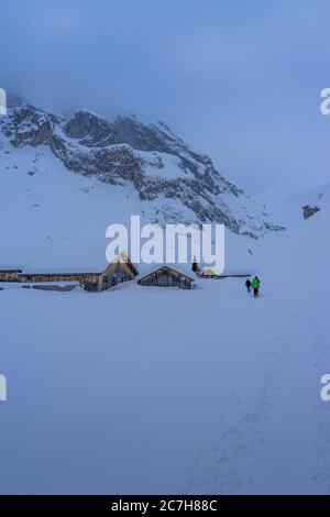 Europa, Österreich, Vorarlberg, Montafon, Rätikon, Gauertal, Winterwanderer auf der verschneiten Oberen Spora Alpe Stockfoto