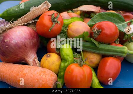 Nahaufnahme von verschiedenen frischen und biologischen Gemüse. Stockfoto