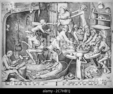 The Thin Kitchen, 1563 Stich von Pieter van der Heyden nach Pieter Bruegel dem Älteren, holländischer und flämischer Renaissance-Maler und Grafiker Stockfoto