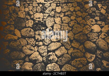 Verzweifelte Overlay-Textur aus goldenen Steinen, Felsen, Kieselsteinen, Makadam. Grunge Hintergrund. Abstrakte Halbton-Vektor-Illustration Stock Vektor