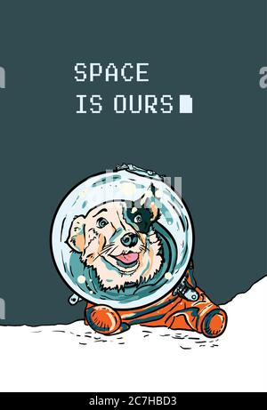 Vektor-Poster mit handgezeichneter Hund in Raum-Suite. Lustiger Welpe in orange Jumpsuit für Postkarte, Flyer. Stock Vektor