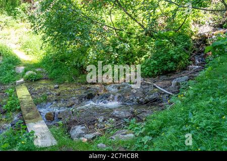 Europa, Österreich, Tirol, Ötztal Alpen, Ötztal, Holzbrett als Brücke über einen kleinen Bach auf dem Weg zum Sahnestüberl Stockfoto