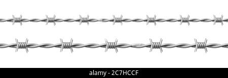 Stahl Barbwire Set, verdrehter Draht mit Widerhaken isoliert auf weißem Hintergrund. Vektor realistische nahtlose Rahmen aus Metall-Kette mit scharfen Dornen für Gefängniszaun, Sicherheitslinie, militärische Grenze Stock Vektor