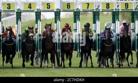 Läufer und Reiter brechen von den Ständen ab, um die Join Racing TV Now Median Auction Maiden Stakes auf der Leicester Racecourse zu starten. Stockfoto