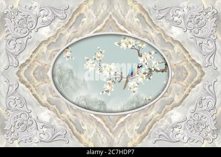 3d Decke, Stuckdekor Rahmen, Papagei auf einem blumigen Zweig in der Mitte auf Marmorboden Stockfoto
