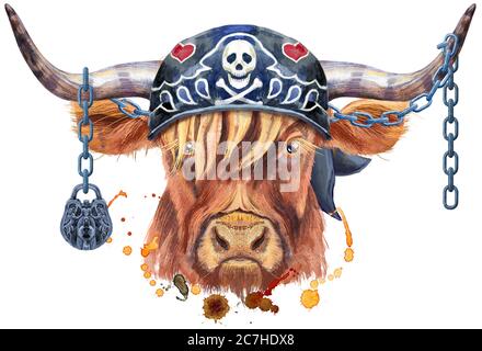 Stier in Biker Bandana und Ketten Aquarell Grafiken. Bull Tier Illustration mit Splash Aquarell texturierten Hintergrund. Stockfoto