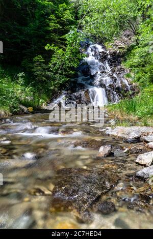 Europa, Österreich, Tirol, Ötztal Alpen, Ötztal, kleiner Wasserfall im Bergwald bei Tumpen Stockfoto