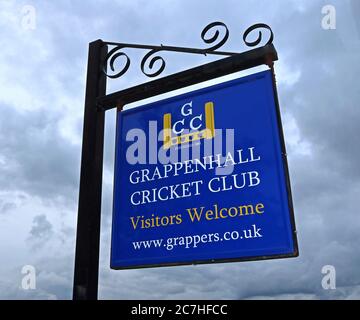 Grappenhall Cricket Club Sign, GCC, Grappers, Broad Lane, Grappenhall, Warrington, Cheshire, England, Großbritannien, WA4 3EH Stockfoto