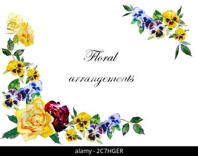 Pansy und Rosen Aquarell gekrümmte Ecke Girlande Elemente mit Blättern und blühenden Blumen blau, gelb und dunkelrot Farbe Stockfoto