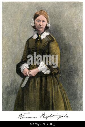 Florence Nightingale, mit ihrem Autograph. Handkolorierter Holzschnitt Stockfoto