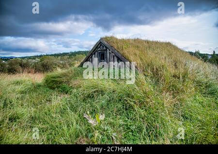 Versteckte Holzhäuser unter dem Gras, wolkigen Himmel im Hintergrund. Stockfoto