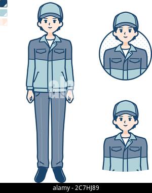 Ein Mann trägt Arbeitskleidung mit lächelnden Bildern. Es ist Vektorgrafik, so dass es einfach zu bearbeiten ist. Stock Vektor