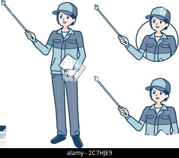 Ein Mann trägt Arbeitskleidung mit Erklärung mit einem Zeigestick Bild. Es ist Vektorgrafik, so dass es einfach zu bearbeiten ist. Stock Vektor