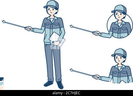 Ein Mann trägt Arbeitskleidung mit Erklärung mit einem Zeigestick Bild. Es ist Vektorgrafik, so dass es einfach zu bearbeiten ist. Stock Vektor