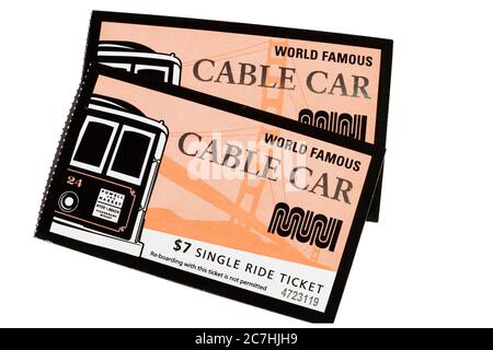 Tickets für die berühmten San Francisco Cable Cars, Kalifornien, USA. Auf weiß, Ausschnitt. Stockfoto