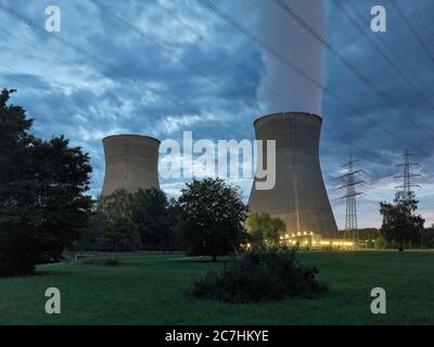 Kernkraftwerk, Kernkraftwerk, Kernspaltung, kochendes Wasser Reaktor, Kühlturm, Stromleitung, Hochspannungsleitung, Hochspannungsmast, Wiese, Baum, Busch, Dämmerung, Abendstimmung Stockfoto