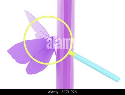 Ein violetter, kleiner Schmetterling unter einer Lupe, 3d-Rendering Stockfoto