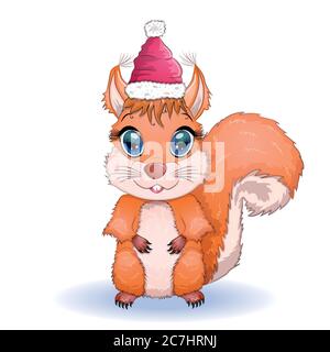 Niedliche Cartoon Eichhörnchen mit schönen Augen in einem Weihnachtsmann Hut mit einem Weihnachtsgeschenk, Zuckerrohr, Ball Stock Vektor