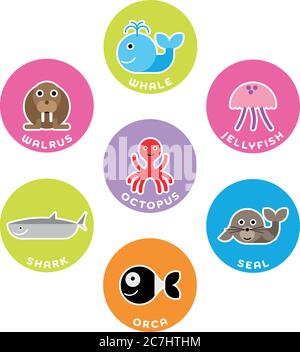 Meer und Meerestiere Sammlung. Set von 7 Comic-Figuren im Kreis mit Namensschildern. Vektorgrafik. Stock Vektor