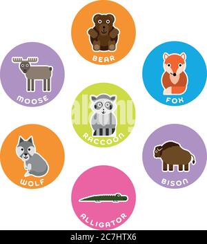 Nordamerikanische Wildtiersammlung. Set von 7 Comic-Figuren im Kreis mit Namensschildern. Vektorgrafik. Stock Vektor