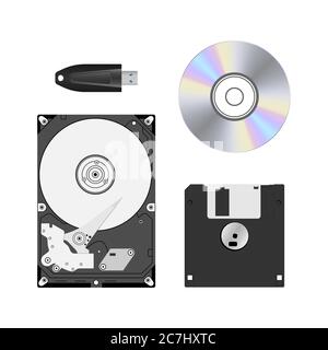 Datenspeichergeräte werden isoliert auf weißem Hintergrund, Vektorgrafik gesetzt Stock Vektor