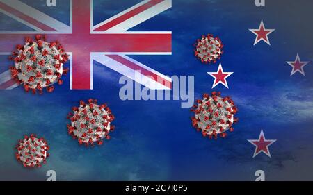 Konzept des Coronavirus oder Covid-19 Partikel überschattet Flagge von Neuseeland symbolisierend Ausbruch. Stockfoto