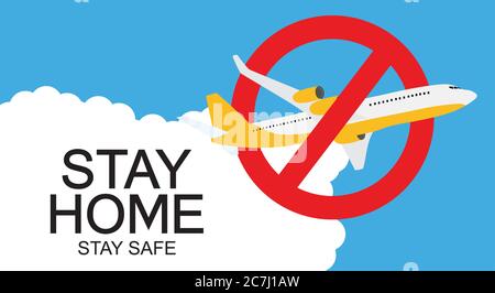 Stoppen Sie Corona Virus Hintergrund mit Flugzeug. Bleib zu Hause. Vektorgrafik Stock Vektor