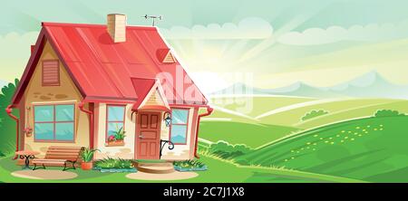 Haus Cartoon Landschaft Vektor. Ländlich. Dorflandschaft, grüne Hügel, Sonnenaufgang. Landhaus. Wohnung im Cottage-Stil. Sommer, Frühling. Lustig, gemütlich. Skyli Stock Vektor