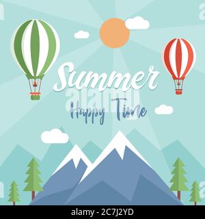 Happy Summer Time Vektor flach Banner-Design mit Text Raum. Naturblick mit Luftballons, Bergen und Bäumen. Sommerurlaub in der Natur, Wochenende genießen, perfektes Urlaubsposter Konzept. Stock Vektor