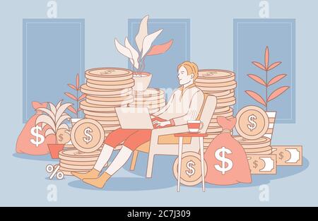 Glücklicher Mann in bequemen Kleidern sitzt im Sessel und Arbeitsabstand mit Laptop-Vektor Cartoon skizzieren Illustration. Goldene Münzen, Taschen mit Bargeld. Konzept für den finanziellen Erfolg bei der Arbeit. Stock Vektor