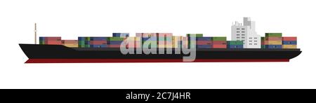 Frachtschiff. Vektor. Logistik-Dienstleistungen Meer & Meer. Transportbehälter für Schiffe. Flaches Cartoon-Design. Isoliertes Objekt. Schiffsfracht. Lieferung. Stock Vektor