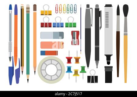 Sortiment für Bürobedarf und Schulartikel. Vektor. Schreibwaren Set Bleistifte, Stifte, Textmarker, Pinsel, Stifte, Scotch-Band, Radiergummis, Büroklammern Stock Vektor