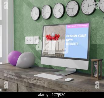 Arbeitsbereich zu Hause mit einem Desktop-Computer 3d-Rendering mockup.Modern Web responsive Konzept . 3d-Illustration Stockfoto