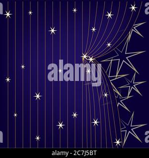 Blauer Vorhang mit goldenen großen und kleinen Sternen Stock Vektor