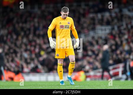 18. Januar 2020, Emirates Stadium, London, England; Premier League, Arsenal gegen Sheffield United : Dean Henderson (1) von Sheffield United spuckt während des Spiels Kredit: Simon Whitehead/News Images Stockfoto