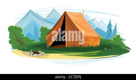 Touristenzelt auf der Wiese. Erloschenes Feuer, Erholung im Freien. Die Berge. Flacher Style. Vektorgrafik. Stock Vektor