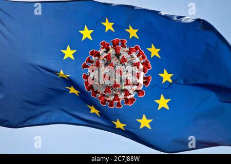 Flagge der EU mit Coronavirus, das im Wind weht, Symbol für Pandemie in der EU, Deutschland Stockfoto