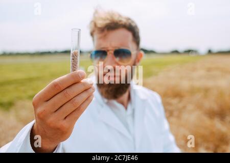 Männliche kaukasischen Technologen Agronom mit Tablet-Computer im Bereich der Weizen Kontrolle Qualität und Wachstum von Kulturen für die Landwirtschaft. Stockfoto