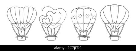 Heißluftballon schwarz lineares Set. Umreißen Sie herzförmig oder Kreis. Cartoon Valentinstag Design Luftballons Kontur Sammlung. Festivals oder Hochzeitsreise Flugtransport. Vektor-isolierte Illustration Stock Vektor