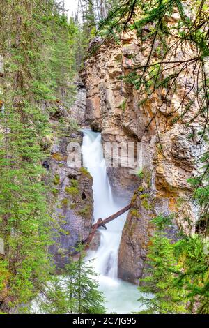 Langzeitbelichtung von Wasserfallbewegungen an den Johnston Canyon Lower Falls im Banff National Park, Alberta, Kanada Stockfoto