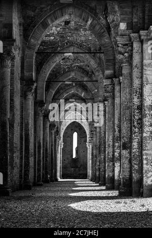 Vertikale Graustufenaufnahme der berühmten historischen Abtei von Saint Galgano in der Toskana, Italien Stockfoto