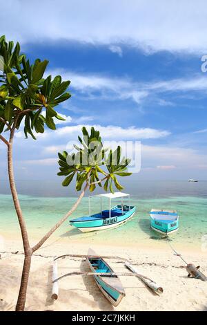 Outrigger Traditionelles Fischerboot, das am Strand an der Ostküste der Malapascua Insel, Cebu, Central Visayas, Philippinen, festgemacht ist Stockfoto